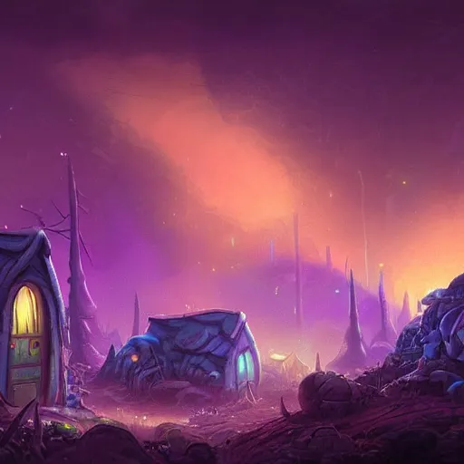 Prompt: concept art painting of a fantasy alien nighttime landscape of houses made of fungus, with glowing blue lights, glowing mushrooms, dark purple sky, realistic, detailed, cel shaded, in the style of makoto shinkai and greg rutkowski and albert bierstadt and james gurney