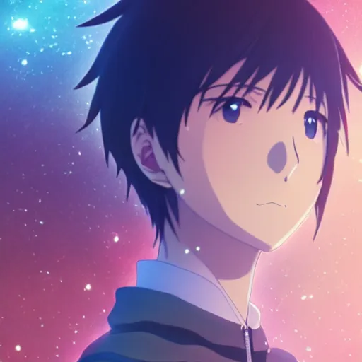 prompthunt: an anime face portrait of a music producer, in the background  you can see the universe. official art, key visual, studio lightning, very  detailed bd cover, Kimi no Na Wa, hyperrealistic
