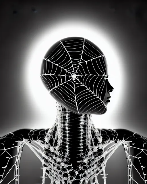 Image similar to black and white cyborg-plant goddess high quality portrait, artificial intelligence, bio-mechanical bio-luminescence, artificial spider web, neurons, nerve cells, octane render, cinematic, hyper realism, high detail, 8k, in the style of Steven Meisel and Dora Maar and H.G. Giger