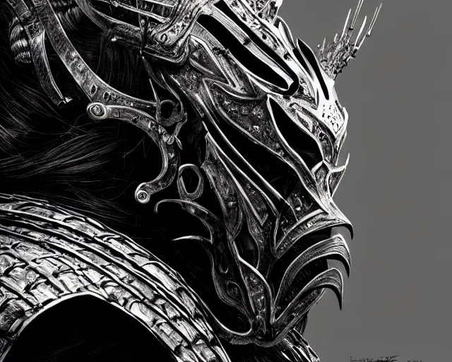 Prompt: hyper - realistic side view painting of the king of the mountain, angry, black armor, sword, dramatic lighting, intricate, wild, highly detailed, digital painting, artstation, concept art, smooth, sharp focus, illustration