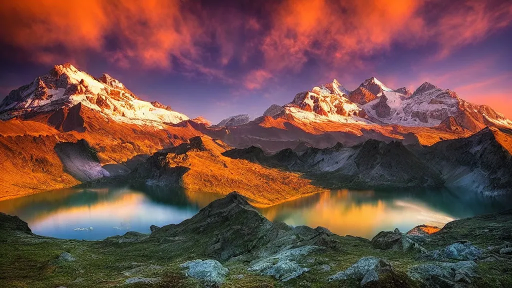 Image similar to amazing landscape photo of mountains with lake in sunset by marc adamus, beautiful dramatic lighting