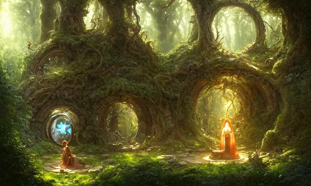 Image similar to Fantasy Magical fairy-tale portal in the forest. Round stone portal teleport in trees to other worlds. Fantastic landscape. Magic Altar in the fores, highly detailed, digital painting, artstation, concept art, smooth, sharp focus, illustration, art by artgerm and greg rutkowski and alphonse mucha