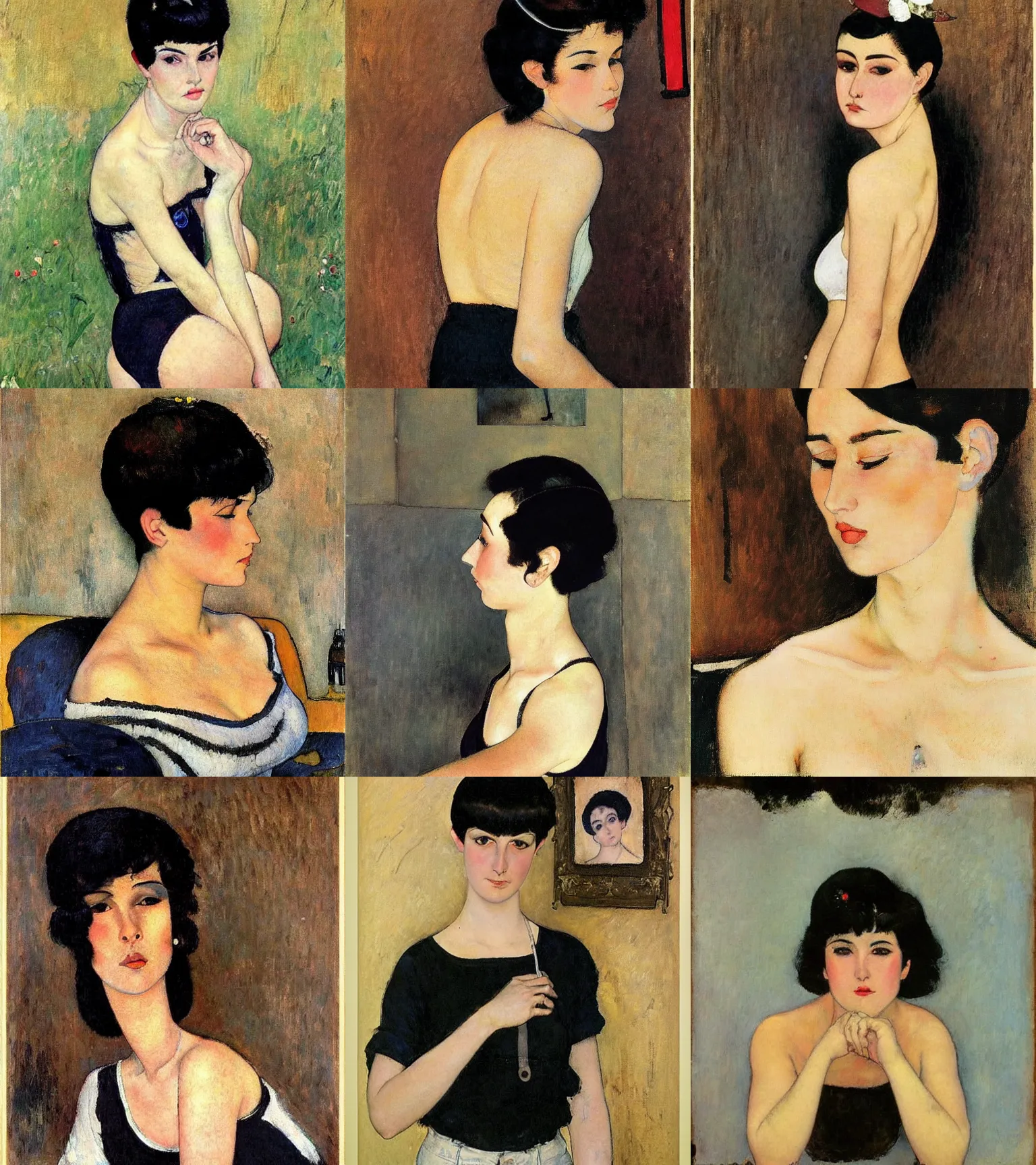 Prompt: a woman with black hair and long pixie haircut in shorts with suspenders and white t-shirt drawn by amedeo modigliani, frank frazetta, gustave caillebotte, Alexandre Cabanel, norman rockwell, alphonso azpiri, maler collier, peter paul rubens, alphonse mucha, gustav klimt 4k, unreal 5, DAZ, french noveau, trending on artstation, octane render, hyperrealistic
