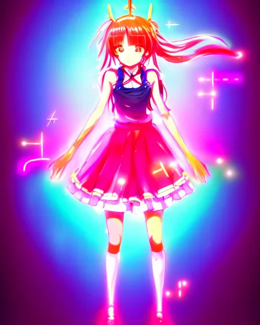 Image similar to anime style, vivid, expressive, full body, 4 k, painting, a cute magical girl idol with a long wavy colorful hair wearing a colorful dress, correct proportions, stunning, realistic light and shadow effects, neon lights, studio ghibly makoto shinkai yuji yamaguchi, wlop