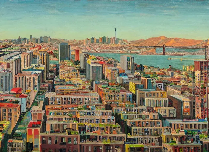 Prompt: a realistic San-Francisco cityscape, from the roof, tall terrace, hills, Golden Gate, houses, parks, and hell bursting in style of Wayne Thiebaud and Bosch