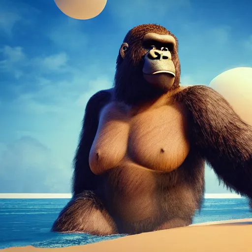 Prompt: king kong in a bikini clearing a space for himself at the beach, cinematic, octane render, sunny day, tropical island.