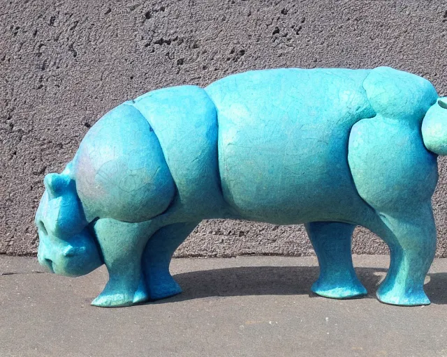 Prompt: a sculpture of hippo baby, half wood carved half blue translucid resin epoxy, cubic blocks, side view centered, mixmedia