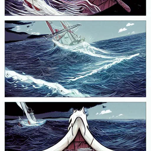 Prompt: an ancient white dragon tears apart a sailing boat, very detailed, prophet graphic novel, ilya kuvshinov, mcbess, rutkowski, simon roy wide shot, colorful, deep shadows,