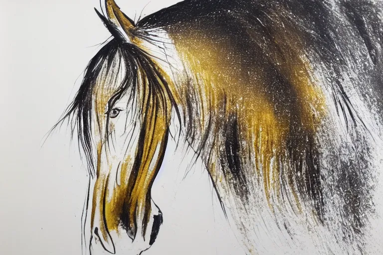 Prompt: beautiful serene horse, healing through motion, minimalistic golden ink aribrush painting on white background