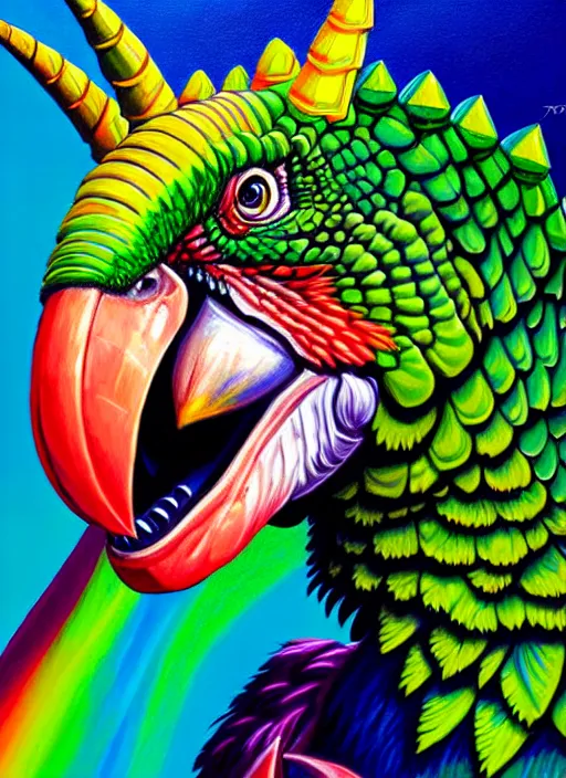 Prompt: a sharp - detailed painting of a triceratops - parrot hybrid, vibrant colors, roaring, magic the gathering card painting, hq scan