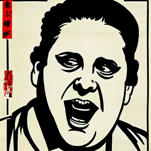 Prompt: how will we capture famous actor jonah hill? he is is causing trouble in this region. How do we stop him? NO JONAH HILLS ALLOWED. JONAH HILL is the subject of this ukiyo-e hellfire eternal damnation catholic strict propaganda poster rules religious. WE RULE WITH AN IRON FIST. mussolini. Dictatorship. Fear. 1940s propaganda poster. ANTI JONAH HILL. 🚫 🚫 JONAH HILL. POPE. art by joe mugnaini. art by dmitry moor. Art by Alfred Leete.