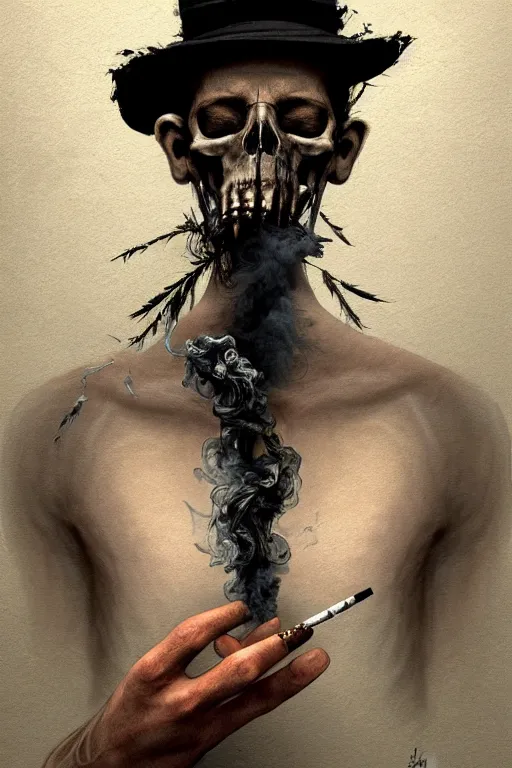 Prompt: Sad lonely man smoking a gigarette, wearing hat made of smoke and ashes, man is partly draped with bones, man is split in two with smoke, fantasy, intricate, elegant, highly detailed, digital painting, artstation, woamn is curved, concept art, smooth, sharp focus, illustration, art by Ilja Repin