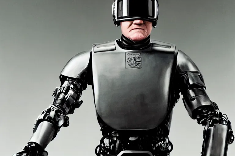 Prompt: a cinematic painting of gordon ramsay as robocop, cinematic lighting, high depth, ultra realistic, artistic, by annie leibovitz and greg rutowski