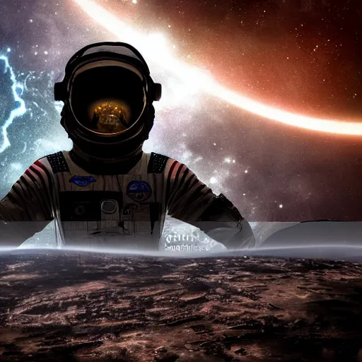 Image similar to ultra realistic, astronaut looking up at big eerie hell space cathedral on a destroyed planet with an obsidian vortex floating in the sky above in an eerie realistic art style, black background, occult, photo realistic, dark atmosphere