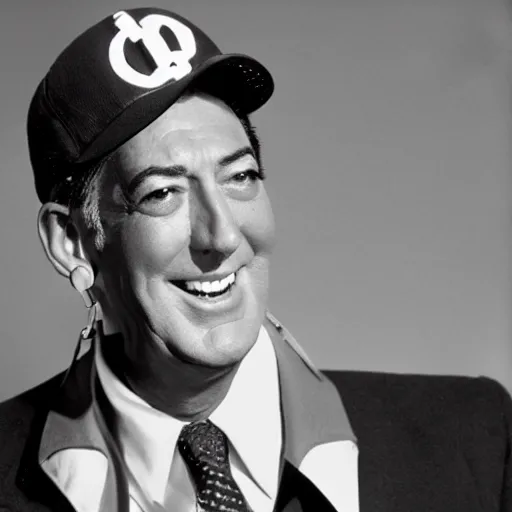 Prompt: portait of Dean martin wearing a baseball cap and a $ chain, 90's rap album cover