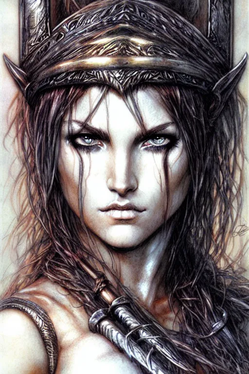 Prompt: head and shoulders portrait of a barbarian, female, high fantasy, dnd, by luis royo, artgerm