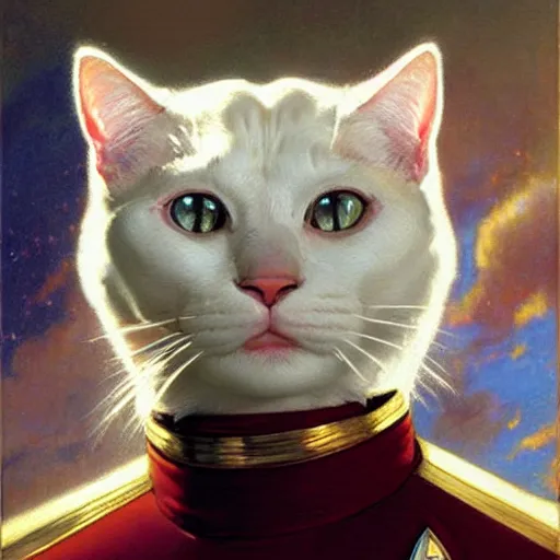 Image similar to a portrait of a man white cat feline star trek the next generation. highly detailed painting by gaston bussiere, craig mullins, j. c. leyendecker, furry