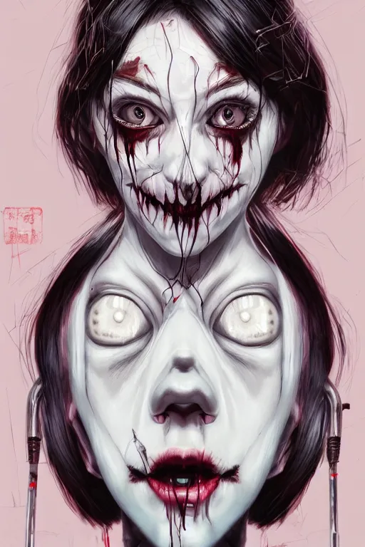 Image similar to cartoon grunge portrait of a creepy horror nurse girl . intricate abstract. intricate artwork. nightmare fuel. terrifying. by Tooth Wu, wlop, dan mumford , trending on artstation, greg rutkowski very coherent symmetrical artwork. cinematic, hyper realism, high detail, octane render, 8k