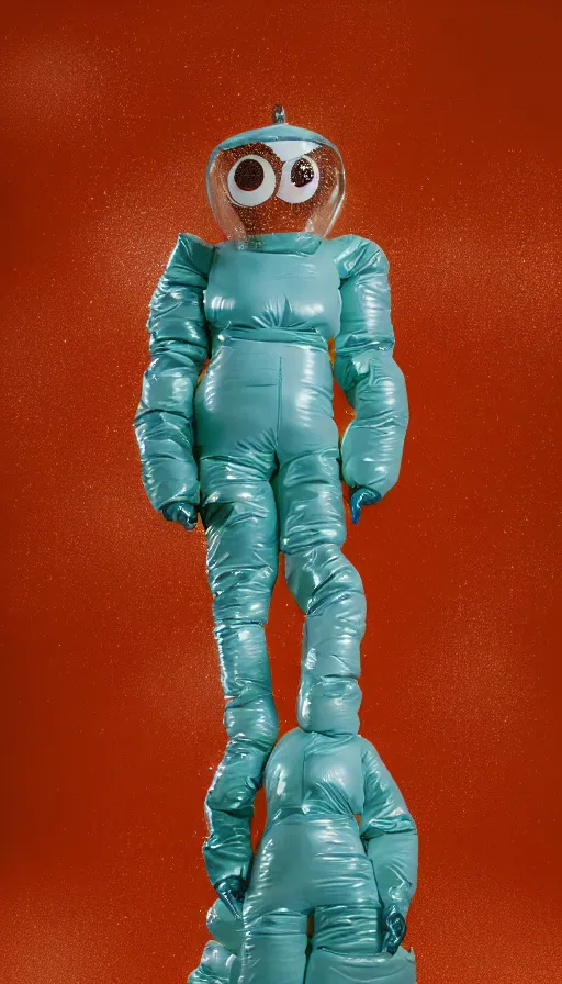 Prompt: a single striding slender figurine of a tall giant inflated hazmat woman wearing over sized gold teal puffy bomber jacket, long bendy arms and legs, googly eyes, tareme eyes, small head, personification, dynamic pose, detailed product photo, tone mapped, beautiful composition, orange mist swirling at feet, 8 5 mm, f 5. 8