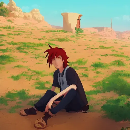 Prompt: red haired teen boy, sitting, desert village in the background, suna gakure, digital painting, artstation, highly detailed, by makoto shinkai and thomas kindle and James gilleard