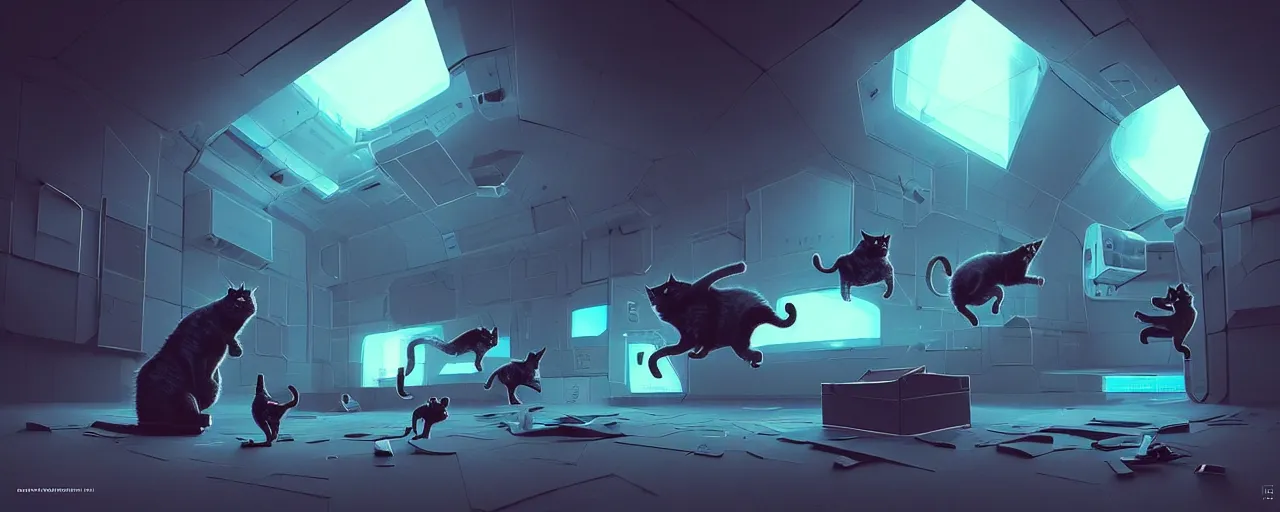 Image similar to duotone noir scifi concept dynamic illustration of 3 d mesh of robotic cats inside box floating zero gravity glowing 3 d mesh portals futuristic, glowing eyes, octane render, surreal atmosphere, volumetric lighting. accidental renaissance. by sachin teng and sergey kolesov and ruan jia and heng z. graffiti art, scifi, fantasy, hyper detailed. trending on artstation