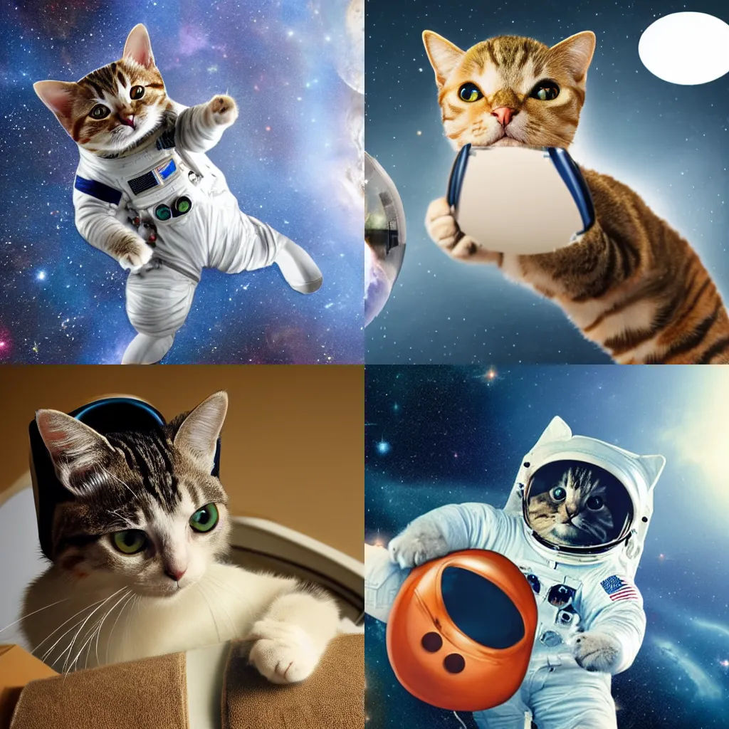 Prompt: cat in an astronaut helmet jumping from one planet to another in a galaxy