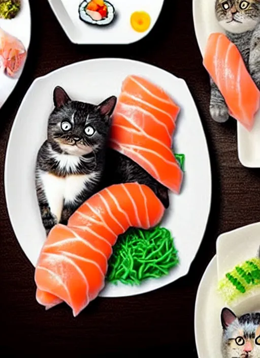 Image similar to clear photorealistic picture of adorable cats made out of sushi, sitting on sushi plates, additional sushi