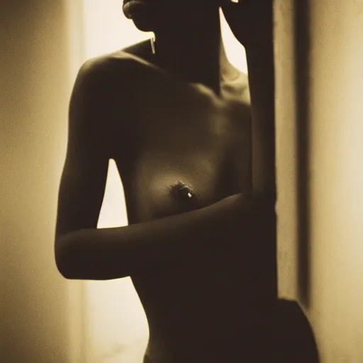 Prompt: portrait of a beautiful gorgeous black edgy model girl with short hair, bikini, she's sad, sunset, street of hong kong, 8 0 mm lens, 1. 2 aperture, kodak 5 2 1 9, grainy image, close up, cinematic light, very detailed, depressing atmosphere, cover magazine