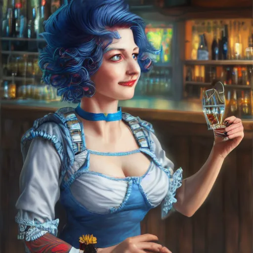 Image similar to an insanely detailed portrait of a smiling beautiful barmaid with short blue hair working at a rustic saloon, wearing red dress, highly detailed features, sparkling blue eyes, long eyelashes, in the style of peter mohrbacher, artgerm, dramatic lighting and composition, octane render, trending on artstation, concept art 8 k