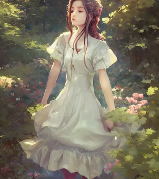 Image similar to aerith gainsborough in a cottagecore dress, portrait, illustration, rim light, top light, perfectly shaded, spring time, slight overcast lighting, soft painting, art by krenz cushart and wenjun lin