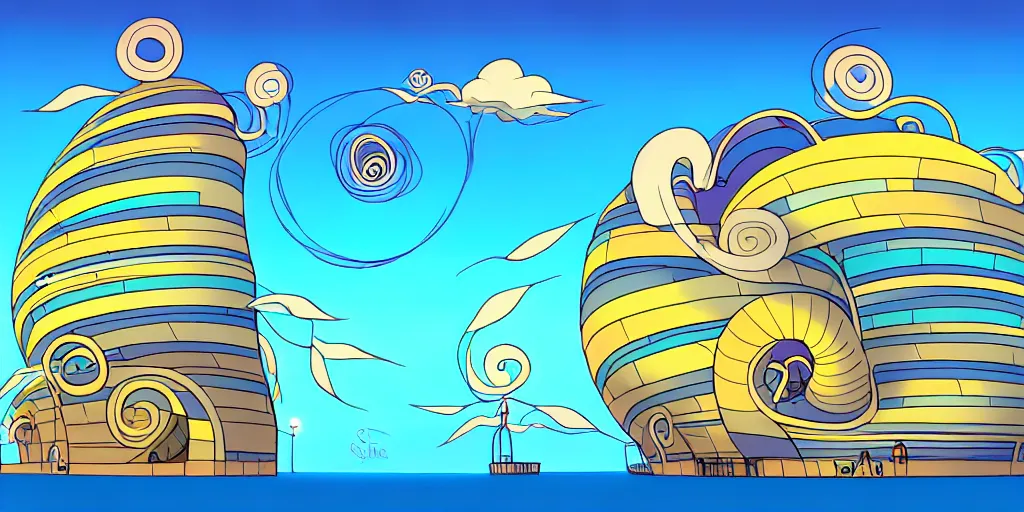 Prompt: chubby spiral shape cartoon concept art, ship port, from lorax movie, sam and max