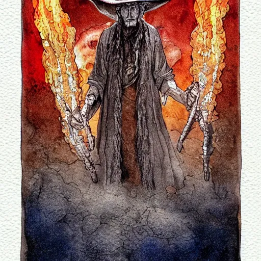 Image similar to very old shaman burns from the inside out, sould explodes, old gray haired mexican mage burn fire, close his eyes with no pain, watercolor ink painting, in the style of jean giraud, in the style of moebius trending on artstation deviantart pinterest detailed realistic hd 8 k high resolution