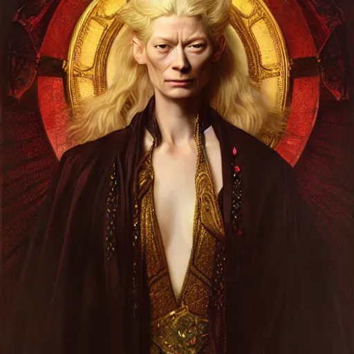 Image similar to young adult tilda swinton as lucifer morningstar, ornate long blond hair, natural lighting, path traced, highly detailed, high quality, digital painting, by gaston bussiere, craig mullins, alphonse mucha j. c. leyendecker