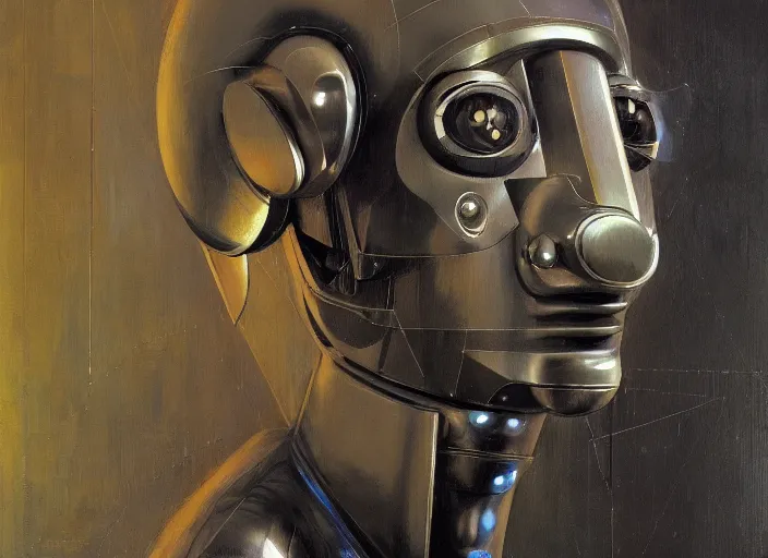 Image similar to a portrait of cyber - dog of sci fi metallic human, bright eyes, melancholic complex geometric figure liminal machinery by oskar schlemmer, moebius, john berkey, film grain, oil on canvas, portrait facial head, featured on artstation, hd wallpaper, 8 k