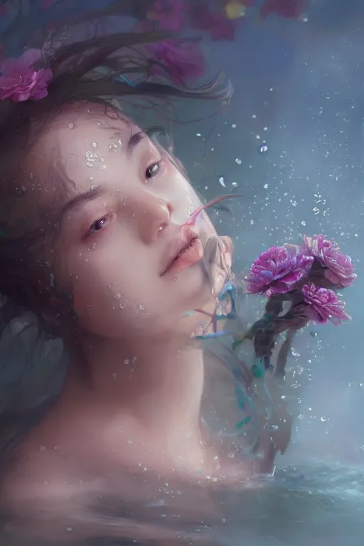 Image similar to face closeup a young beautiful girl nymph drowned in water, underwater photography,, 3 d render, hyper realistic detailed portrait, holding magic flowers, ruan jia, wlop. scifi, fantasy, hyper detailed, octane render, concept art, by peter mohrbacher, by wlop, by ruan jia