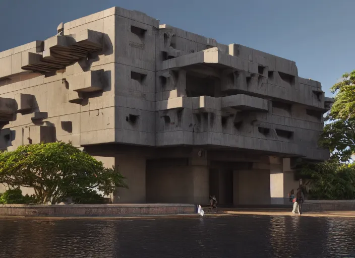 Image similar to a highly detailed brutalist frank lloyd wright building in the rocks, hyperrealism, highly detailed, intricate, cinematic, symmetrical and centered, front facing camera, sitting on a ground filled with puddles and reflections, cinematic, epic lighting, octane nvidia omniverse render in 4 k by syd meade and frederic church