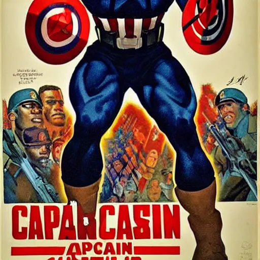 Prompt: black captain america. supersoldier serum wwii american propaganda poster by james gurney