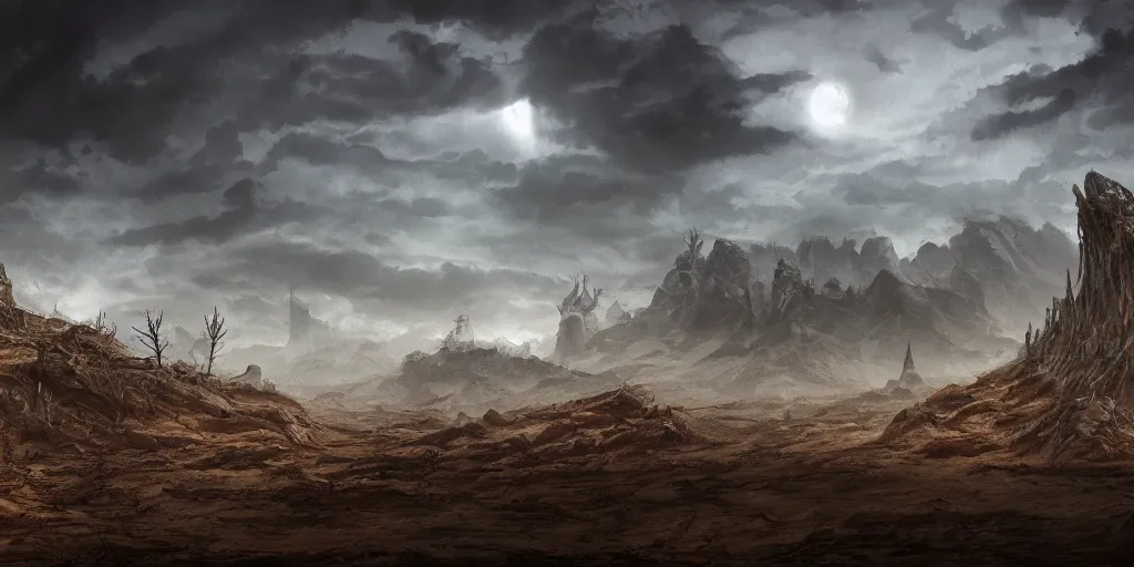 Image similar to barren landscape, apocalyptic fantasy, mmo, digital art, 4 k