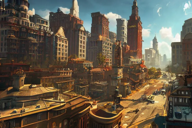 Image similar to beautiful city in the style of a bioshock infinite screenshot, concept art, artstation, deviantart, behance, highly detailed