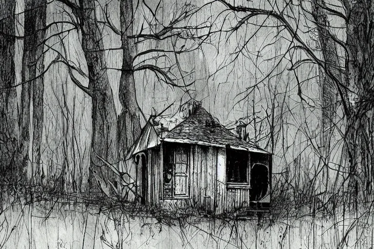 Image similar to mad horror painting of a cabine in the woods by ben templesmith