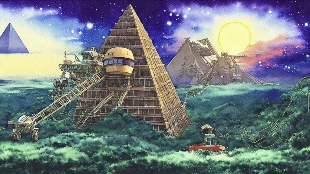 Image similar to a hyperrealist watercolor concept are from a studio ghibli film showing a giant mechanized crocodile from howl's moving castle ( 2 0 0 4 ). a pyramid is under construction in the background, in the rainforest on a misty and starry night. a ufo is in the sky. by studio ghibli