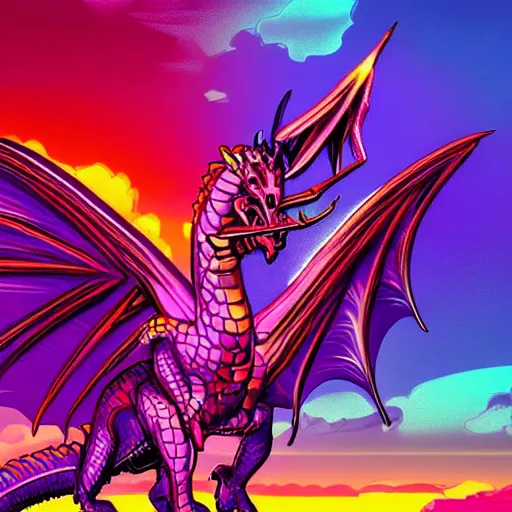 Prompt: A Dragon with 80s style sunglasses and Synthwave sunset background with lightning, digital art