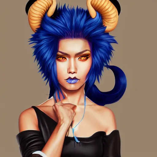 Image similar to illustrated realistic portrait of ram-horned devil woman with blue bob hairstyle and her tan colored skin and with solid black eyes wearing leather by rossdraws