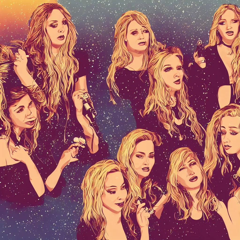 Image similar to illustration of a pop rock music group with two woman singers with blonde hair and one woman singer with brown hair, digital art, shiny soul, consciousness, 4 k