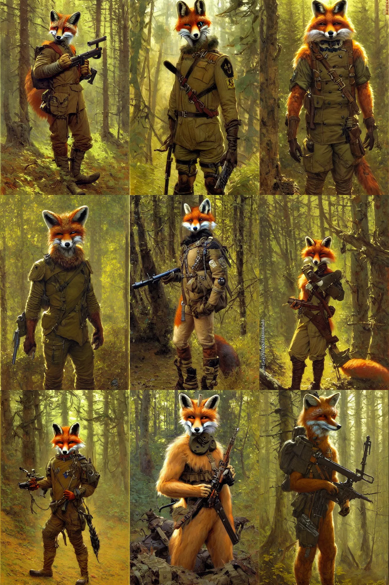 Prompt: anthropomorphic furry fox soldier wearing modern military gear in a forest, character design, painting by gaston bussiere, craig mullins, j. c. leyendecker, tom of finland