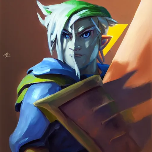 Image similar to greg manchess portrait painting of link from legend of zelda as overwatch character, medium shot, asymmetrical, profile picture, organic painting, sunny day, matte painting, bold shapes, hard edges, street art, trending on artstation, by huang guangjian and gil elvgren and sachin teng