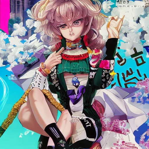 Image similar to Magazine Cover Anime key visual of a Gucci girl; official media; typography; drawn by Hirohiko Araki; Jojo's Bizarre Adventure; Jojolion, portrait, made by Stanley Artgerm Lau, WLOP, Rossdraws, James Jean, Andrei Riabovitchev, Marc Simonetti, Yoshitaka Amano, ArtStation