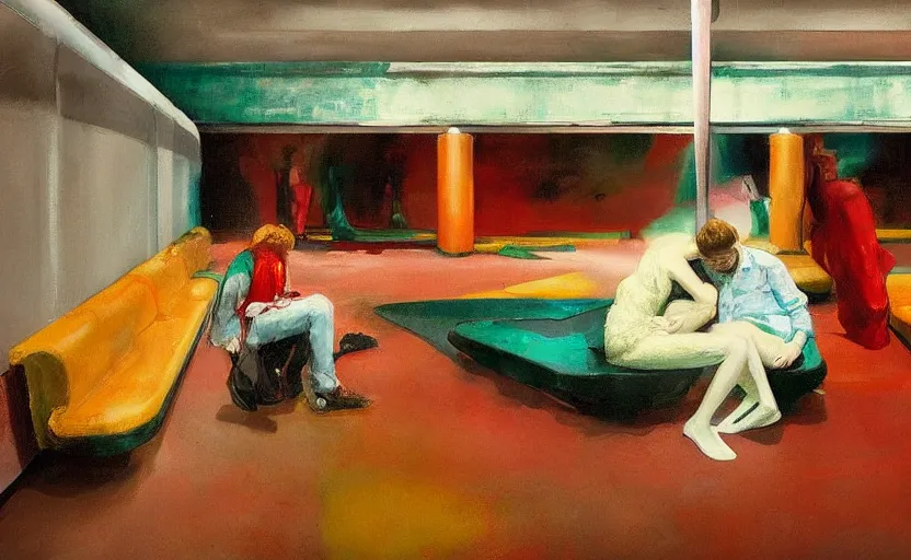 Prompt: abandoned lovers melting into each other in a the void metro, embrace, tunnel, train in a tunnel, couches melting, Adrian Ghenie, 8k, Peter Doig, style of Edward Hopper, Todd Hido, Lucian Freud, painted by Ilya Repin, colors of Mark Rothko