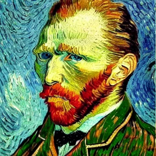 Prompt: self portrait of van gogh, had he lived in the near future, oil painting,