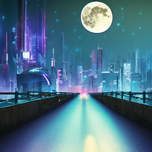 Prompt: super moon on cyberpunk cityescape landscape